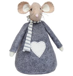 A cute mouse doorstop with knitted striped scarf, little pink nose and heart applique. 