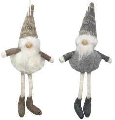 An assortment of 2 gonk hanging decorations, each with dangly legs, fluffy pom pom body and knitted hat.