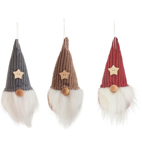 An assortment of 3 gonks, each with a star hat adornment, fluffy beard and wooden bead nose.