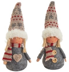 An assortment of 2 Scandi inspired angels, each with patterned hat, knitted scarf and twine hair detailing. 