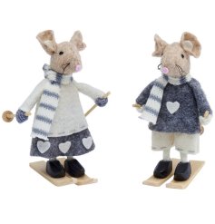 An assortment of 2 boy & girl skiing mouse decorations, each with knitted scarf, pink nose and heart details.