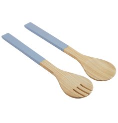 Lacquered bamboo salad servers with wedgwood striped bottom.