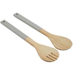 A set of bamboo salad servers, each with a grey handle with dark grey heart detail.