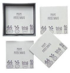 A set of 4 coasters with "Special Mum" written in Welsh with pretty house plant illustrations. 