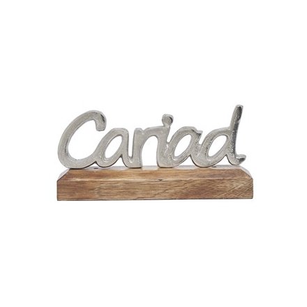 Silver Metal "Cariad" On Wooden Base