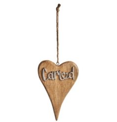 A pretty wooden heart hanging decoration with "love" in Welsh in a 3d silver metal finish. 