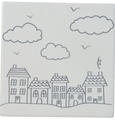 A stylish and contemporary ceramic coaster with a charming street design. 