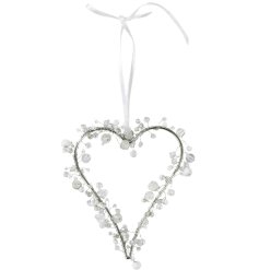 A beautiful beaded heart decoration in a white and silver theme with ribbon hanging detail.