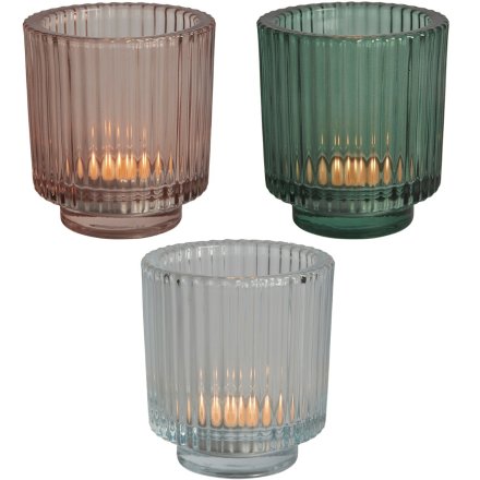 Ridged Glass Tea Light Holders, 3 Assorted