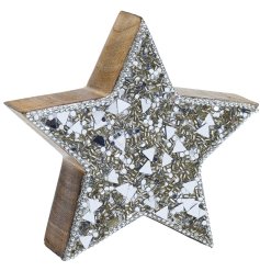 A 13cm wooden star finished with a beautiful silver mosaic glitz and finished with a bead edging. 