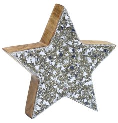 A stunning wooden star finished with a beautiful silver mosaic glitz and finished with a bead edging. 