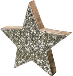 A wooden star finished with a beautiful silver mosaic glitz and finished with a bead edging. 