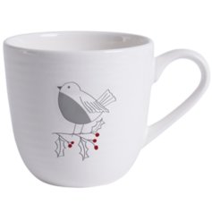 A simple and stylish ceramic mug with a cute robin and holly design. 