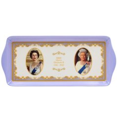A stunning medium sized tray in memory of the late Queen Elizabeth II, featuring regal images of Her Majesty.