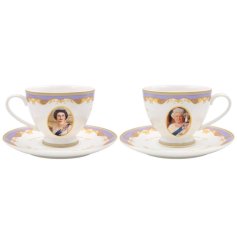 A beautiful tea cup and saucer set to honour the late Queen Elizabeth II, each featuring a regal image of Her Majesty.