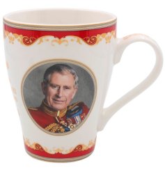 A stunning ceramic mug to commemorate King Charles III's coronation and reign, featuring a regal image of His Majesty.