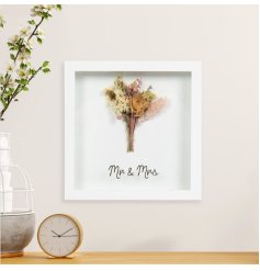 A pretty box framed display of a mini dried flower bouquet with 'Mr & Mrs' text.