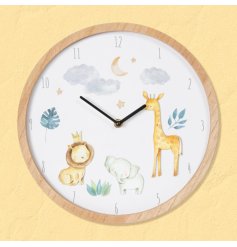 A beautiful wall clock with wooden frame and cute giraffe, lion and elephant illustration. 
