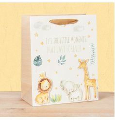 A large gift bag from the Little Moments range with cute animal design and "the little moments last forever" message. 