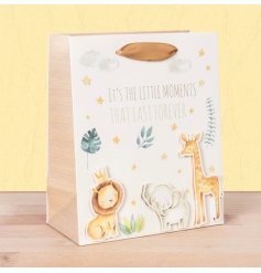 A medium gift bag from the Little Moments range with animal design and "it's the little moments that last forever" text.