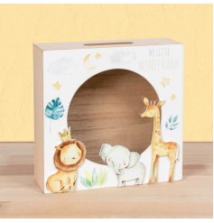 An adorable keepsake money box from the Little Moments range with "My little money bank" text and animal design.