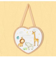 A heart shaped wooden hanging plaque with "it's the little moments that last forever" message and cute animal design. 