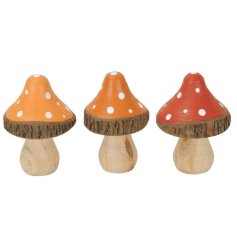 An assortment of 3 wooden mushroom decorations, each with a colourful red or orange top and white spot details. 