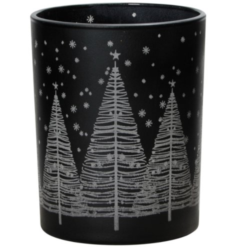 A dramatic black glass tea light holder with festive silver tree and snowflake design. 