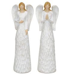 An assortment of 2 angel figurines each with carved dress and wing details. 