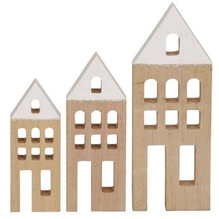White Roof Wooden Houses, Set of 3