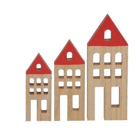 Red Roof Wooden Houses, Set of 3