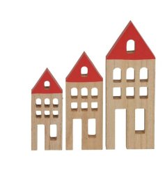 A set of 3 wooden house decorations each with feature red roof and cut out details.
