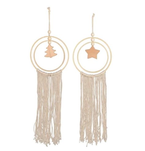 An assortment of 2 Christmas decorations each with a festive decal, fabric tassels and bamboo hoop design. 