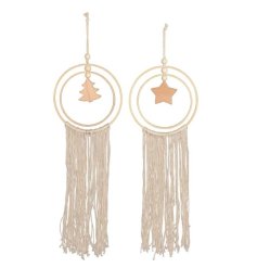 An assortment of 2 dream catcher style Christmas decorations, each with hoop design, festive decal and fabric tassels.