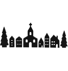 A wooden Winter village scene in black with church, houses and tree designs. 