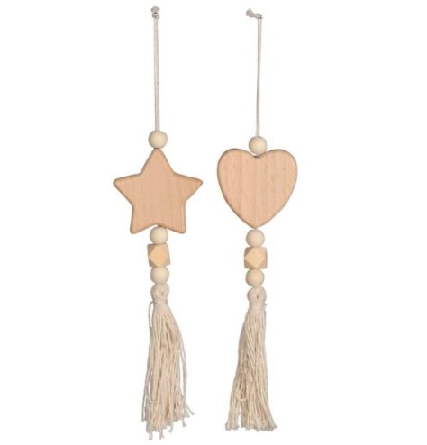 An assortment of 2 wooden hanging festive decorations, each with bead design and tassel details. 