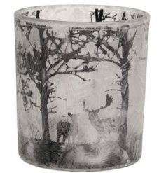 A frosted glass tea light holder with woodland scene design featuring stag and deer detail.