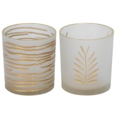 An assortment of 2 tea light holders, each with a frosted glass design and etched gold detailing. 