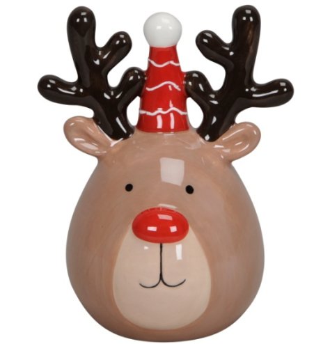 A cute reindeer freestanding decoration with a striped bobble hat and red nose design. 