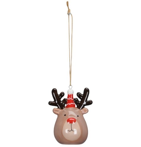 Add a pop of colour to the Christmas tree with this glazed reindeer hanging decoration. 