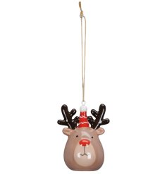 A decorative reindeer decoration wearing a bobble hat in a striped pattern. 