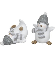 2 Assorted bird decorations, each with a wintery theme featuring bobble hats and knitted stripe hat.