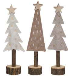 An assortment of 3 Christmas tree felt decorations each with embroidered detailing and wooden star topper. 