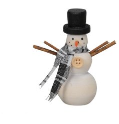 A wooden freestanding snowman decoration with sweet button detail, fabric scarf and twig arms.