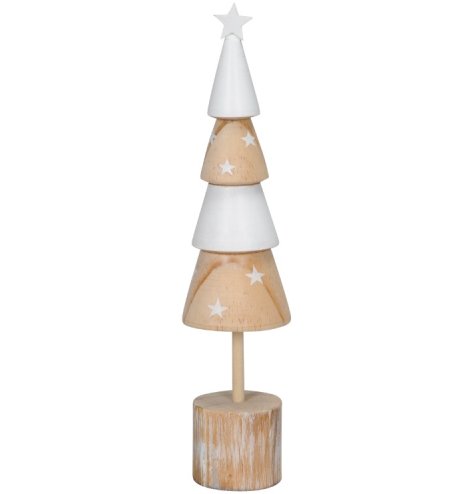 A wooden festive themed decoration with a layered Christmas tree design, star topper and star print pattern.
