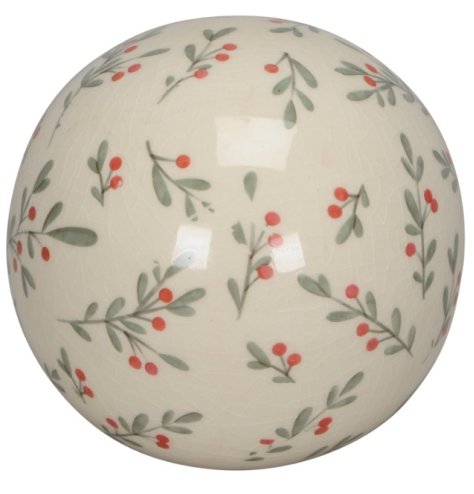 A ceramic decoration with a berry and foliage patterned ball design. 