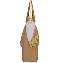 A simple wooden gonk shaped standing decoration with metallic gold accents. 