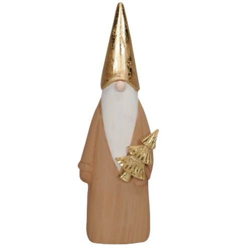 A simple wooden gonk shaped standing decoration with metallic gold accents. 