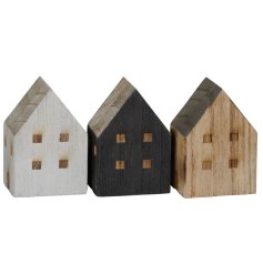3 Assorted wooden house shaped blocks with window details. 