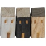 An assortment of 3 wooden house shaped blocks with window and door detail design. 